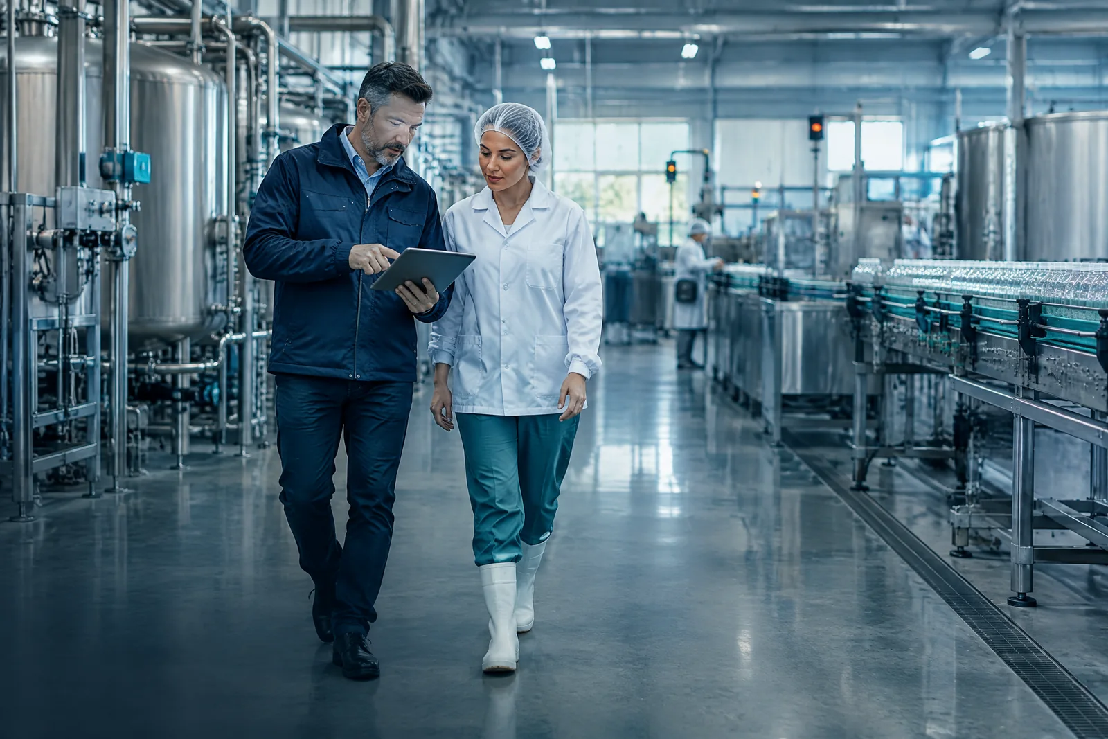 Certification auditor and facility manager reviewing a checklist together