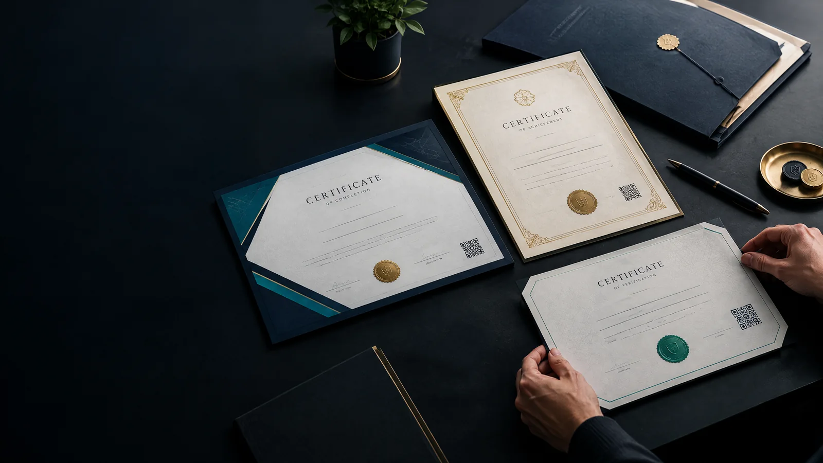 Distinct certificate designs with seals and verification codes arranged for issuer management