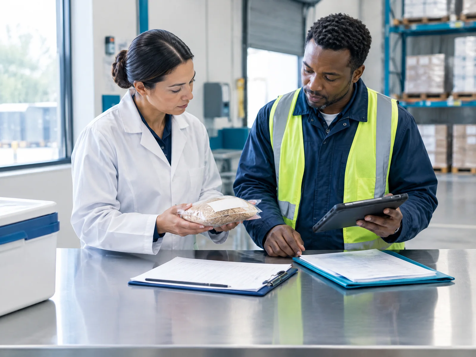 Quality manager and receiving coordinator reviewing supplier evidence and traceability records