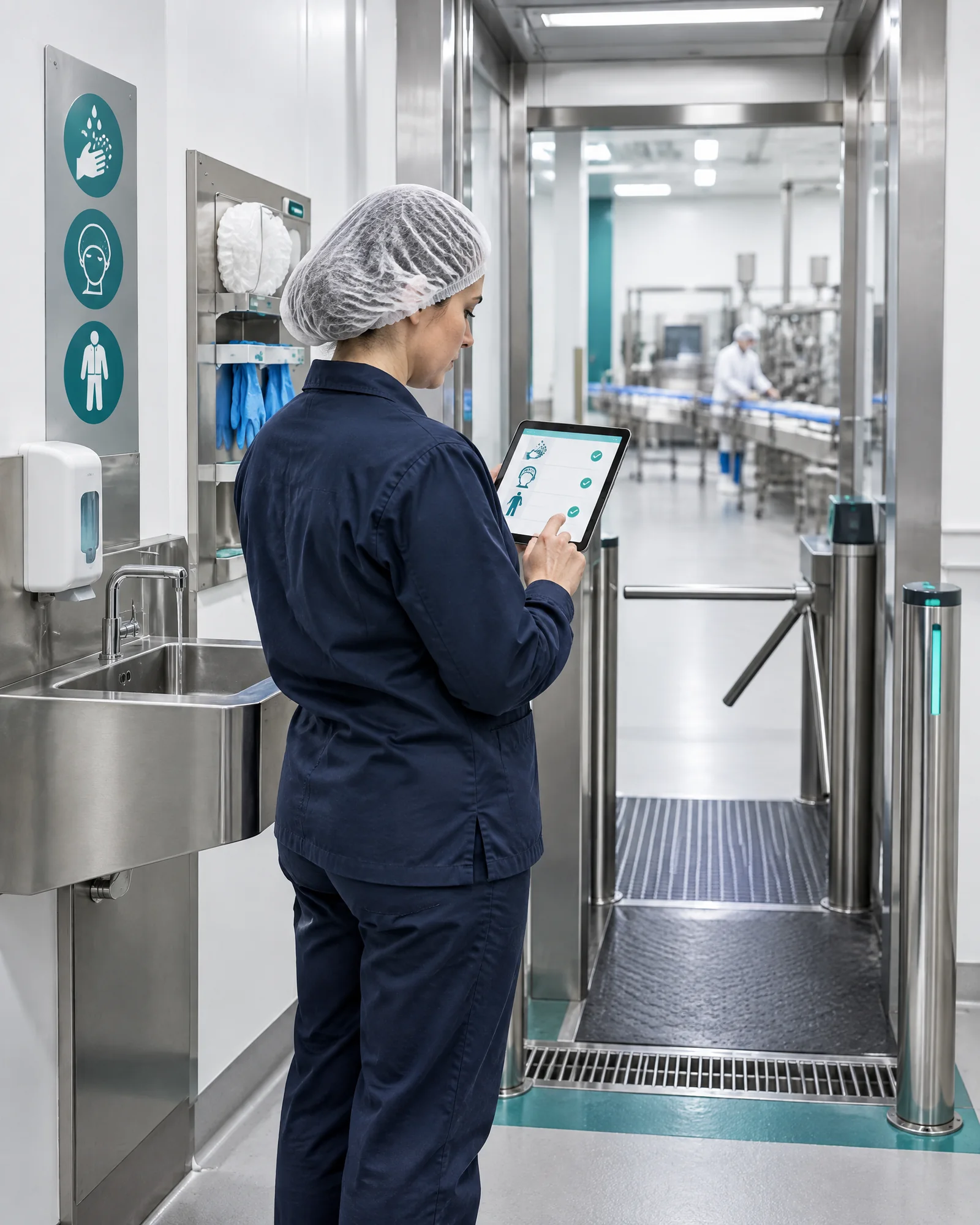 Food manufacturing supervisor reviewing hygiene and personnel controls at a clean-area entrance