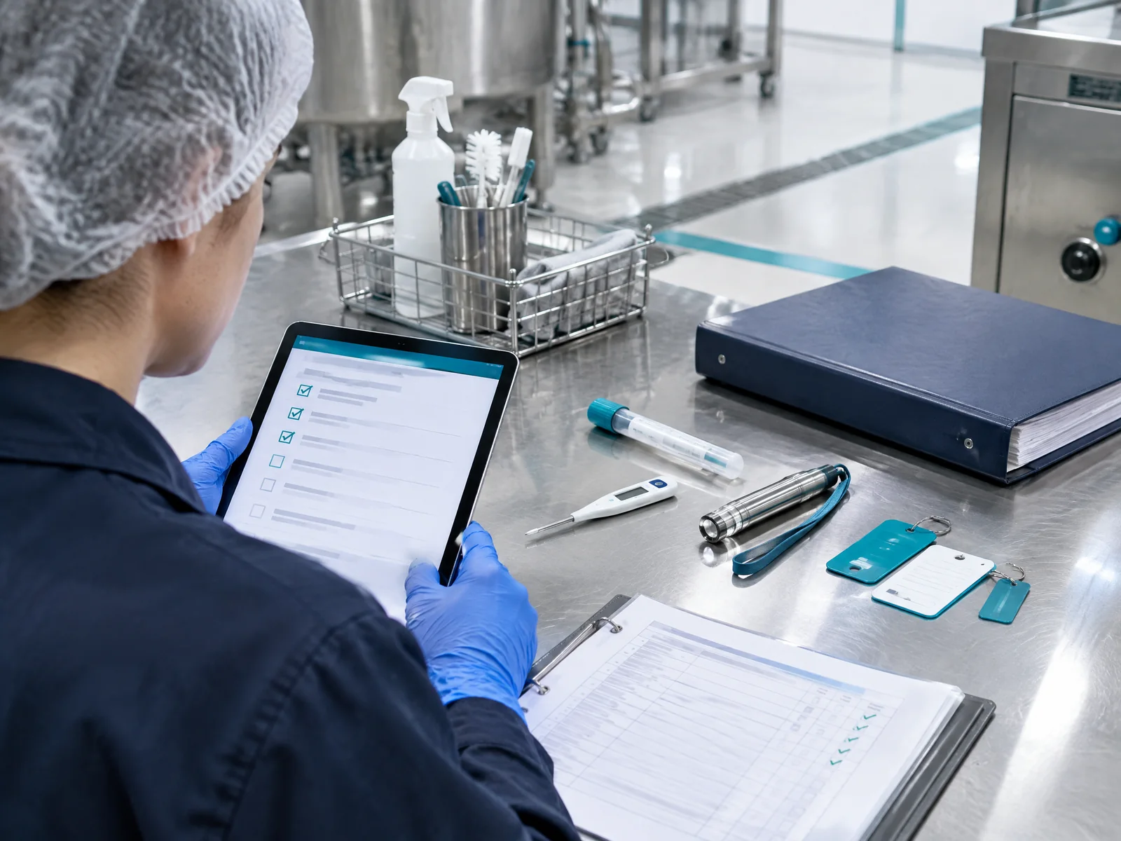 Quality specialist reviewing sanitation records and verification tools at a clean workstation