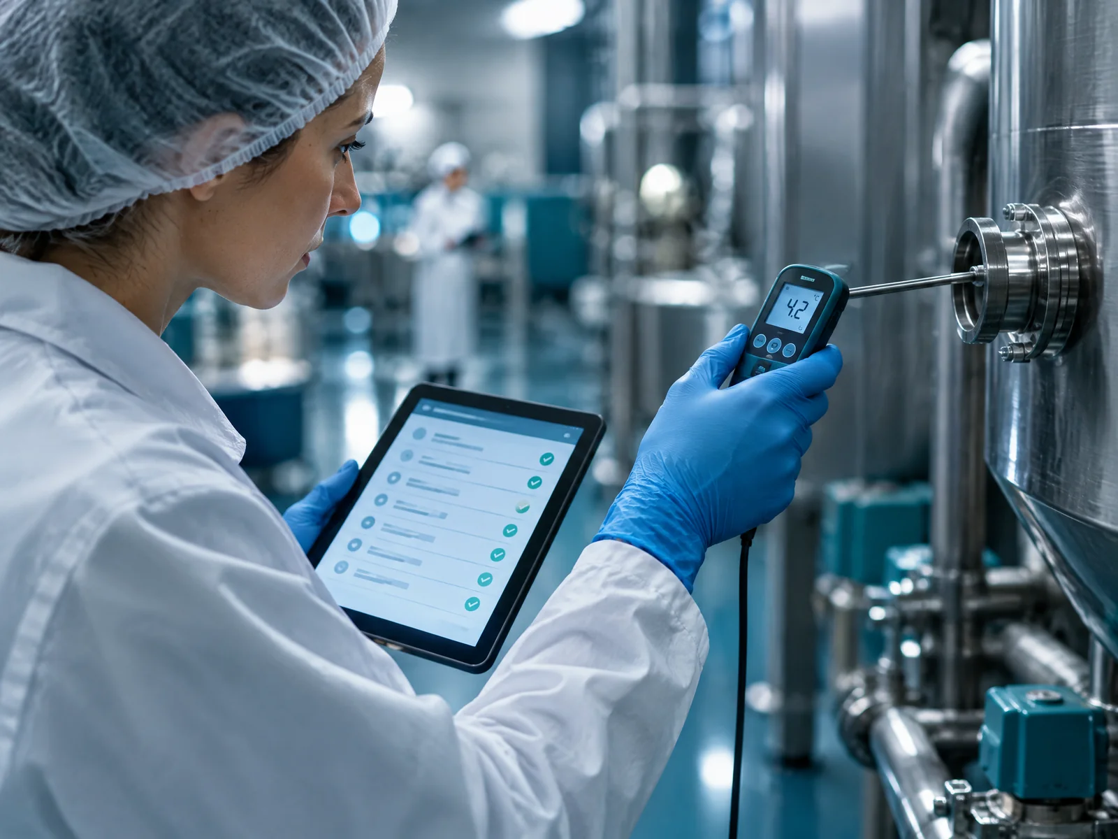Food safety technician recording a process-monitoring measurement beside production equipment