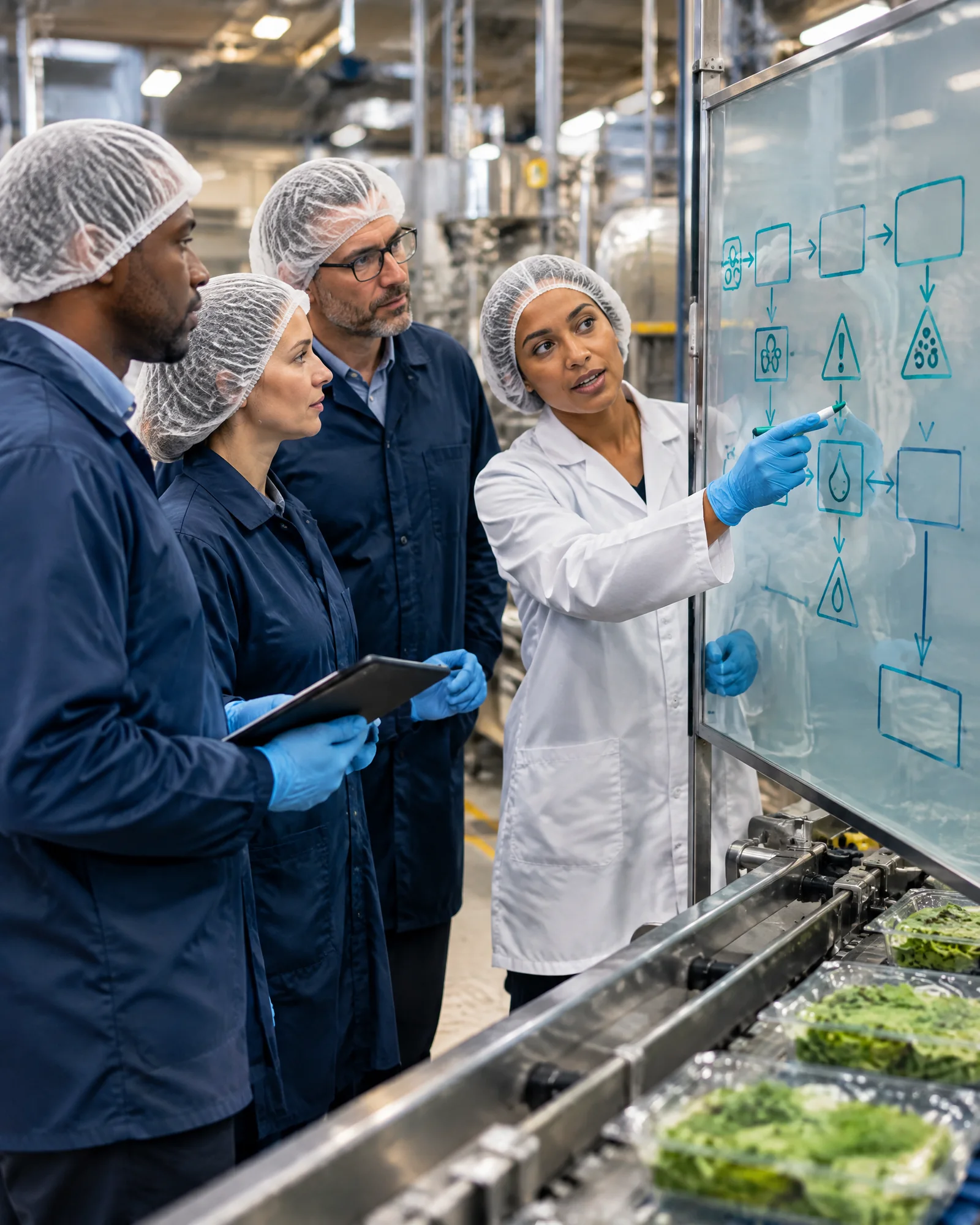 Food safety team mapping a production process and hazard-analysis sequence