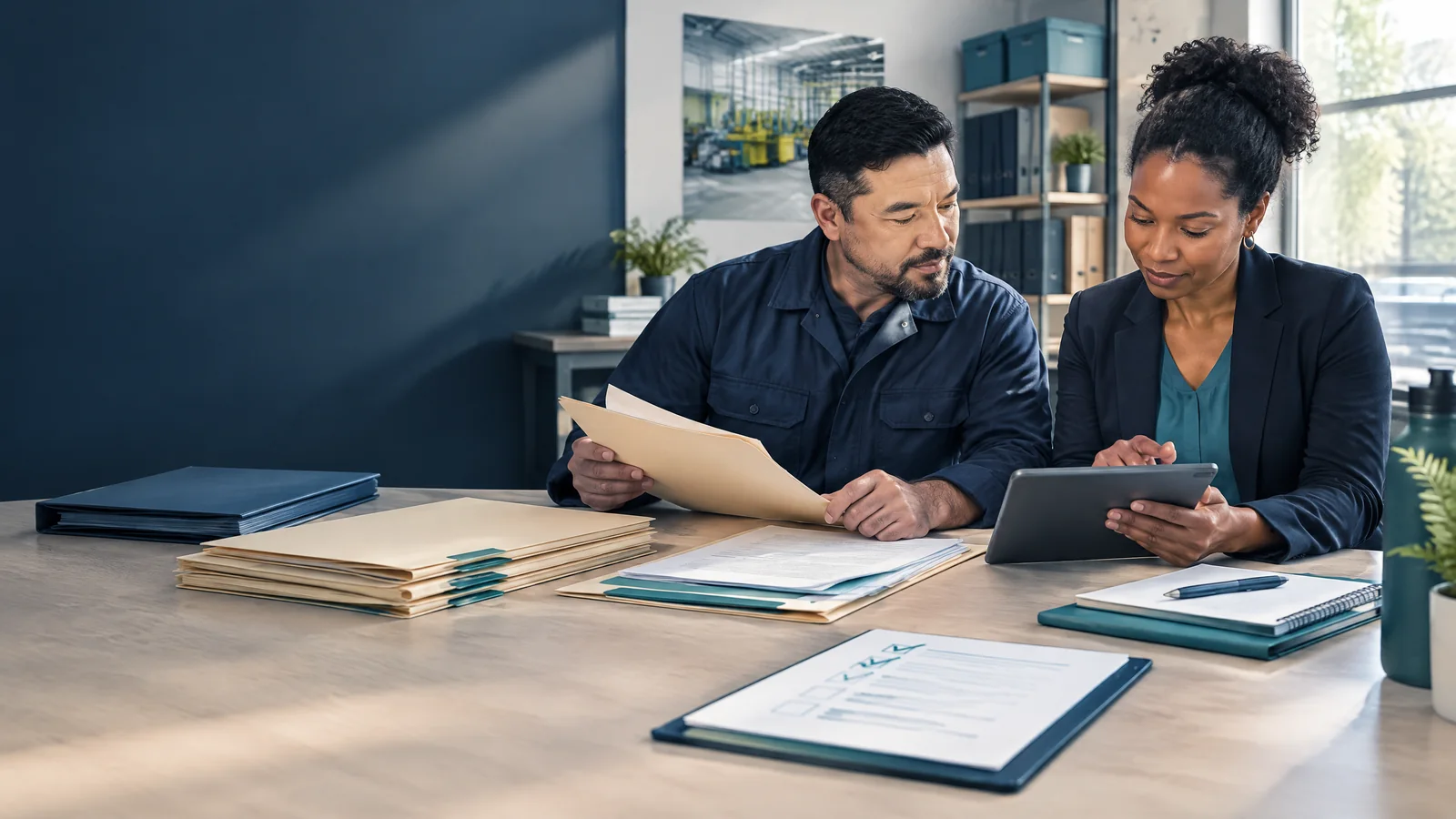 Business team organizing documents and a digital checklist before applying for certification