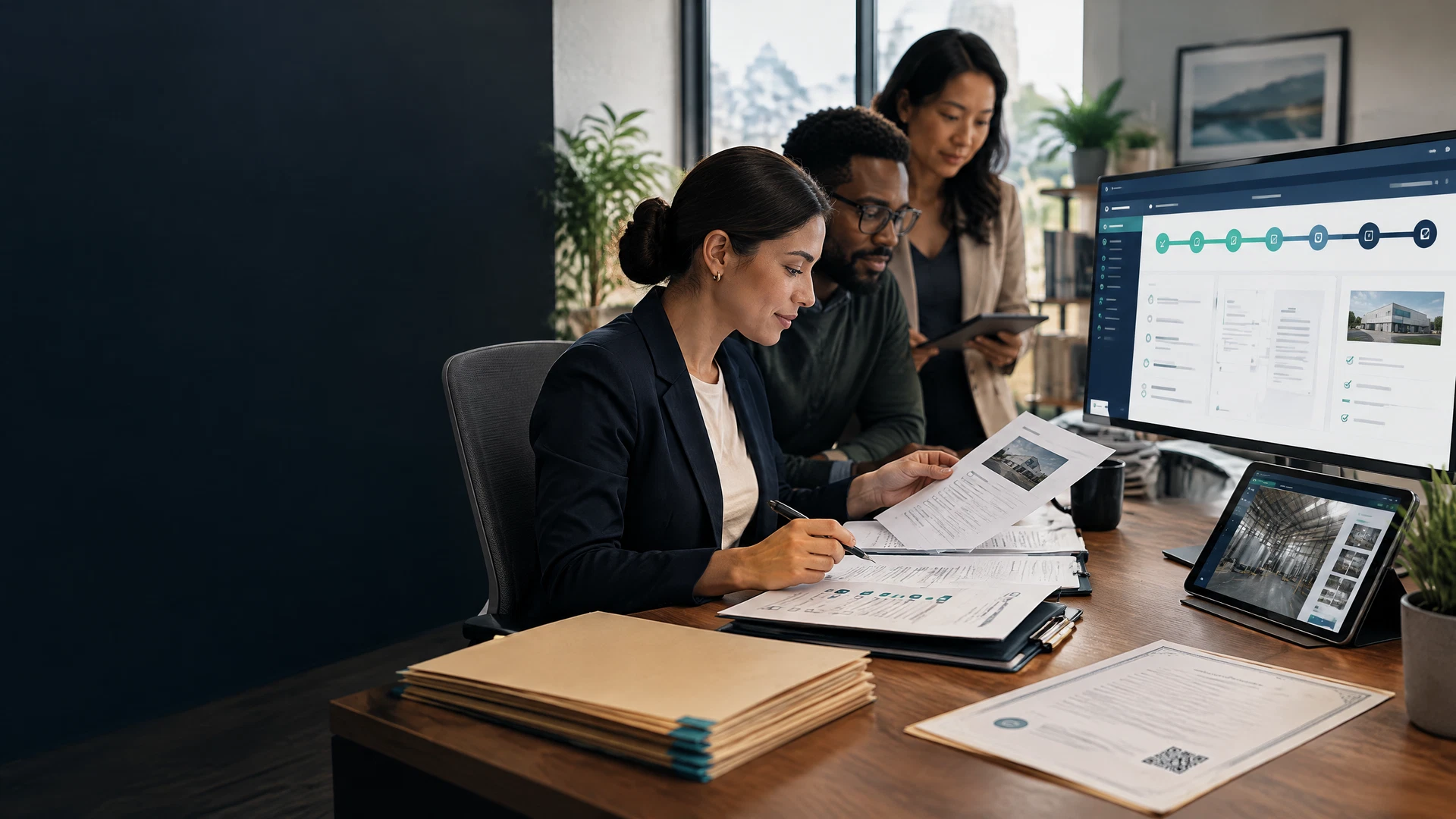 Certification professionals reviewing documents, audit evidence, and certificate records