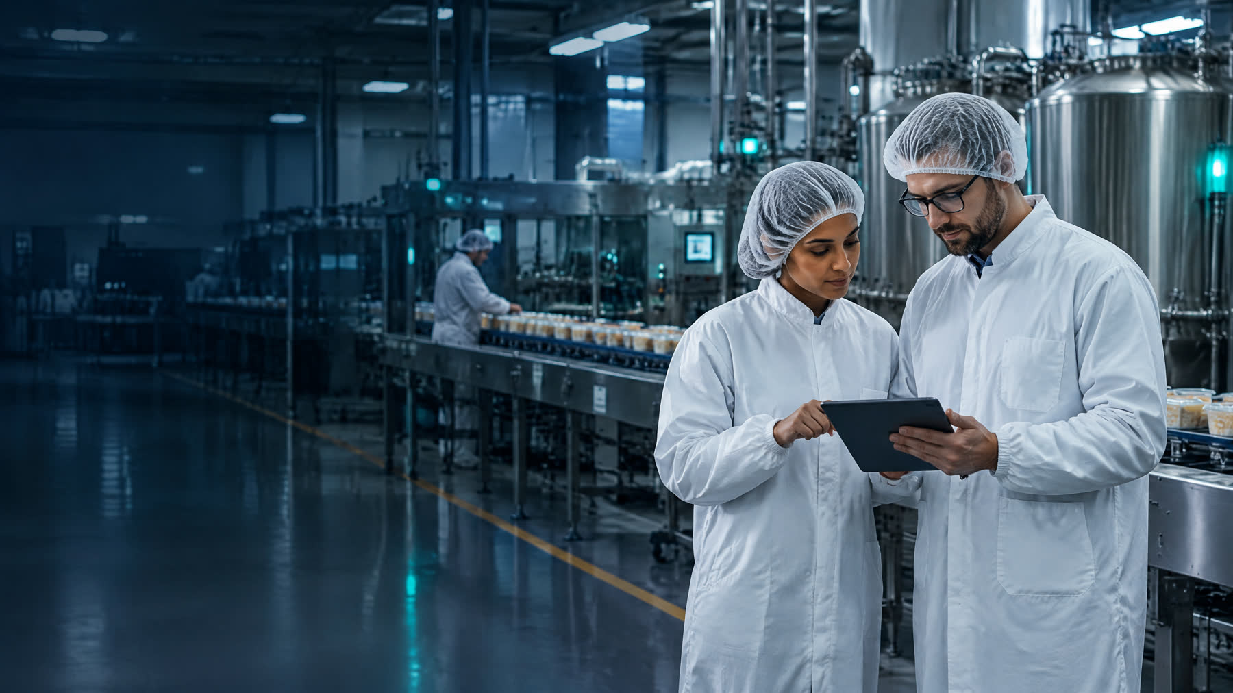 Food manufacturing quality professionals reviewing compliance records on a tablet