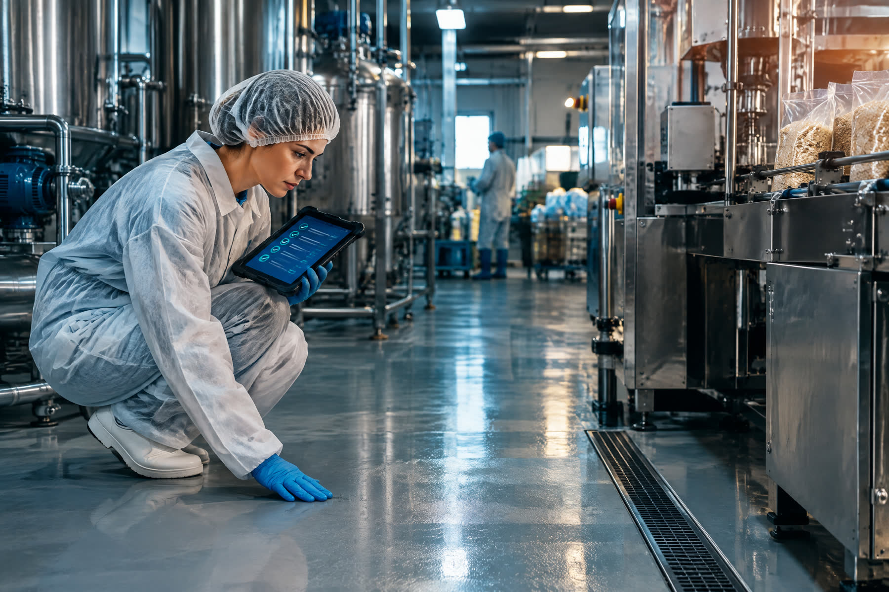 Food manufacturing quality manager inspecting a clean production floor with a tablet